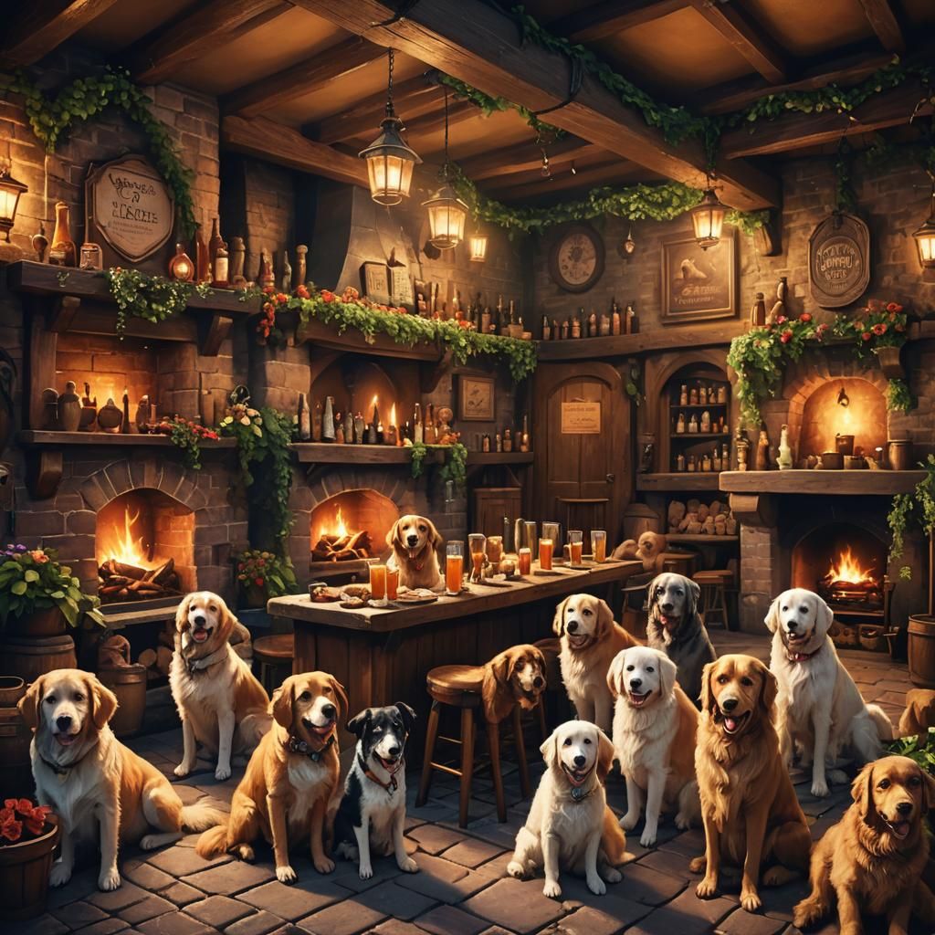 Dogs at the Pub: Whimsical Fantasy Scene