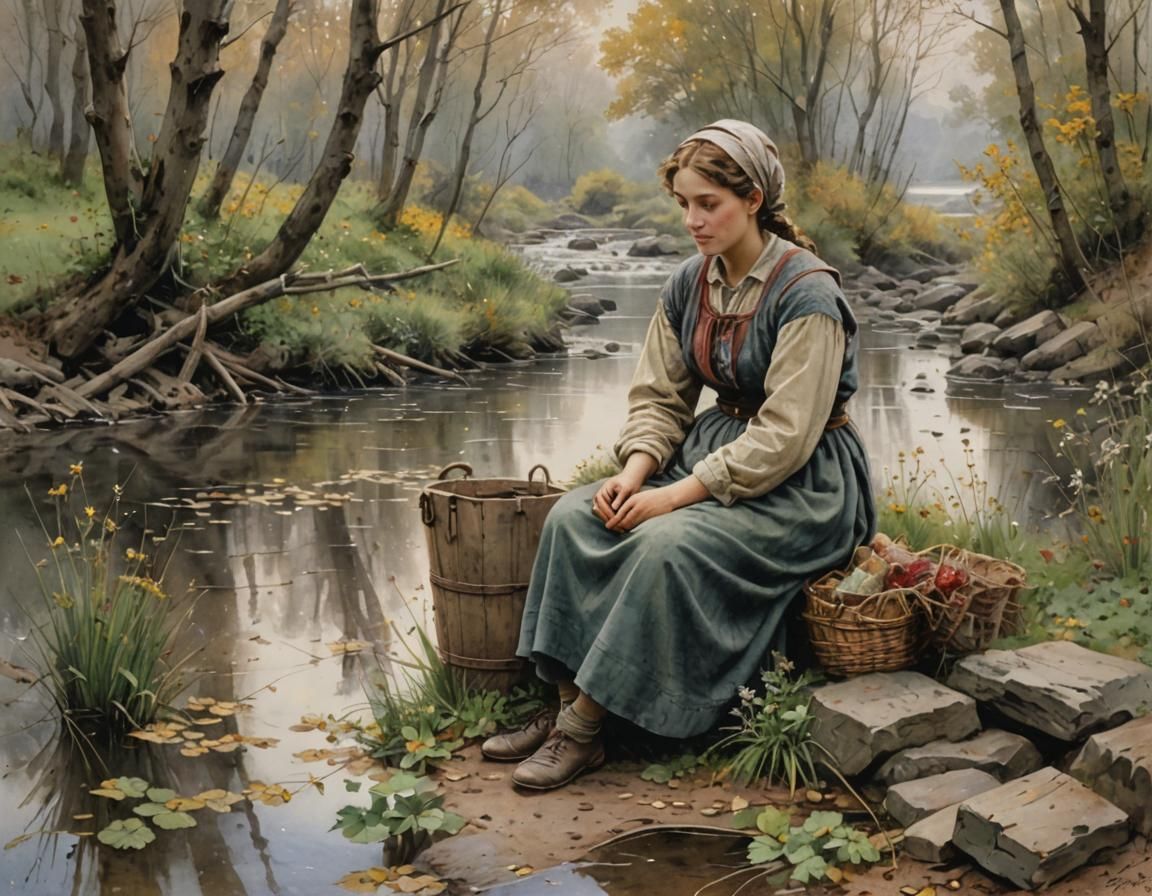 Idyllic Landscape in Watercolor and Ink