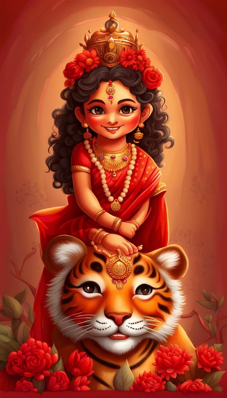 Baby Maa Durga on Tiger in Alphonse Mucha Style