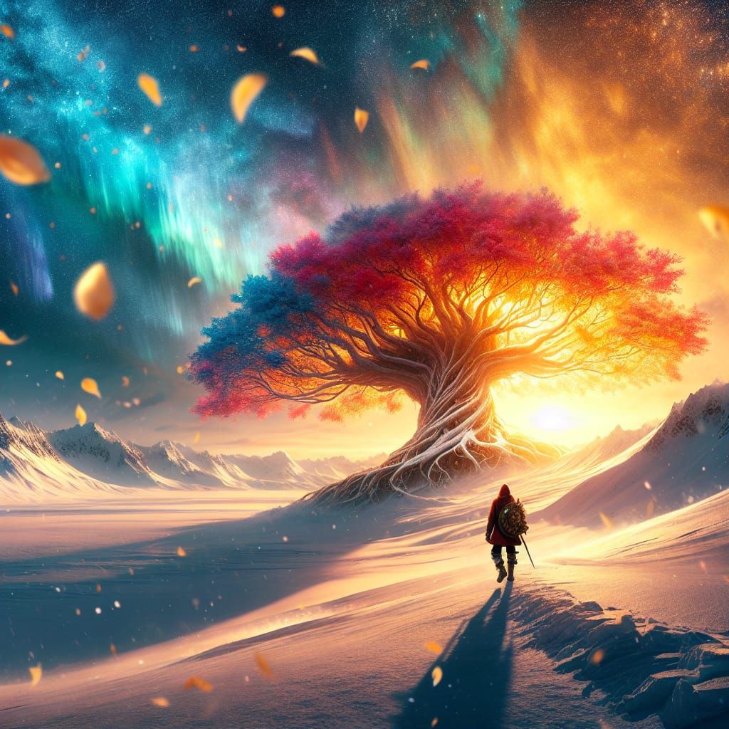 Explorer in Winter Landscape with Colossal Tree