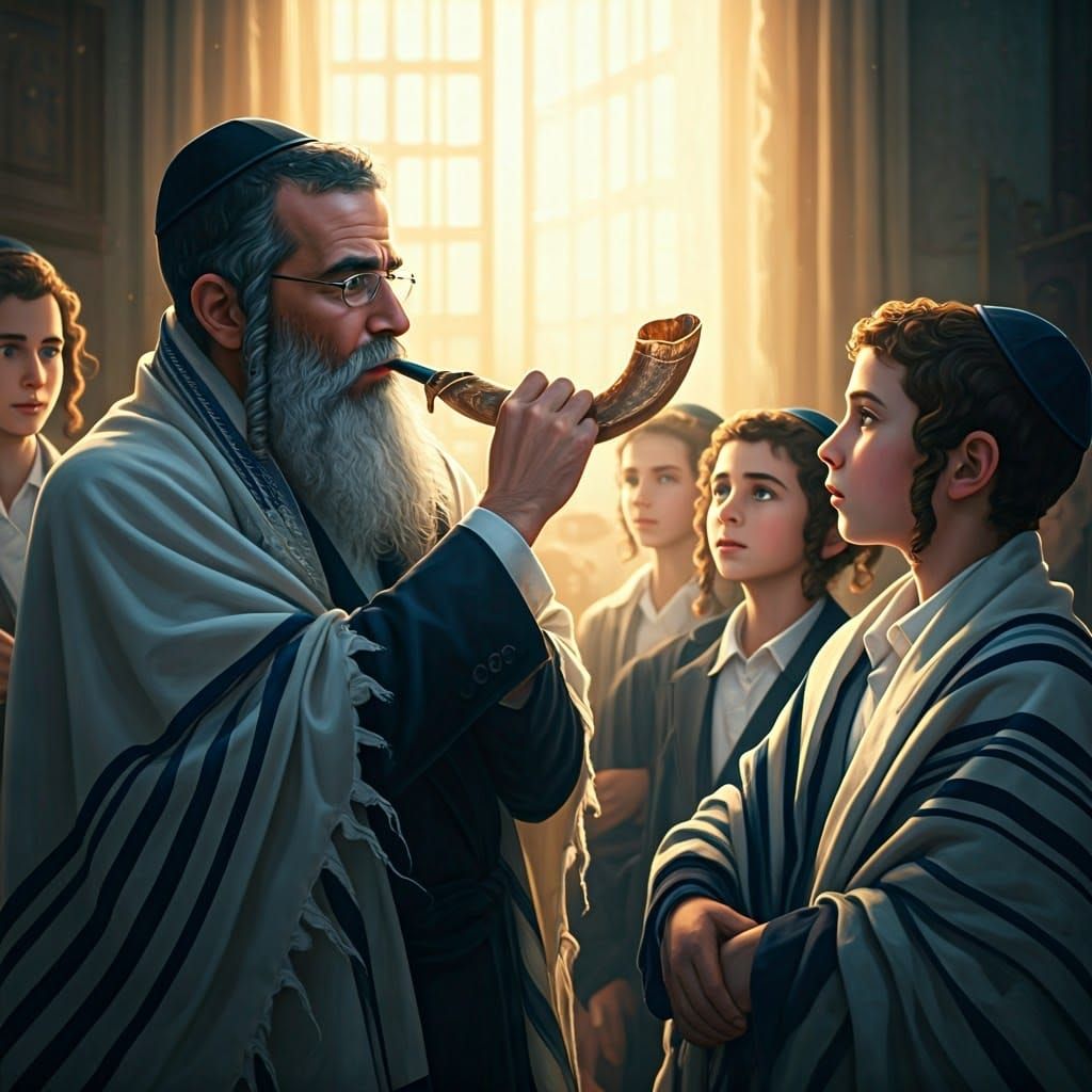 Ultra-Orthodox Jew Blowing Shofar with Children