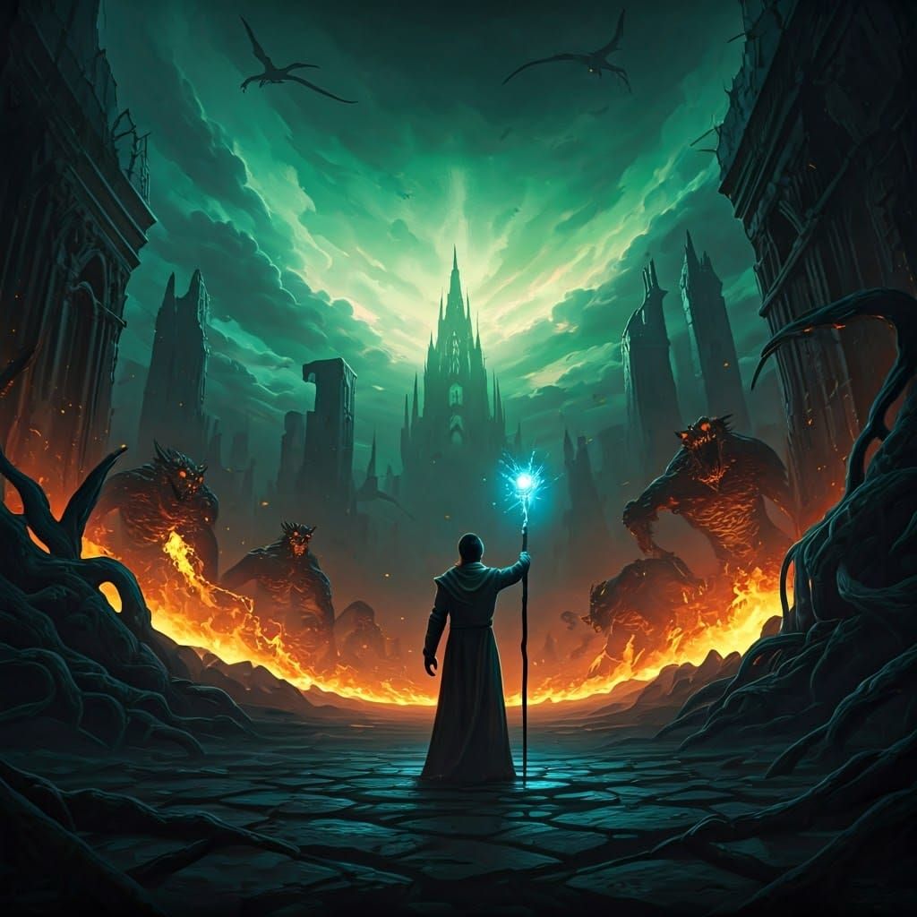 Magician vs Fire-Breathing Monsters in Mystical Landscape