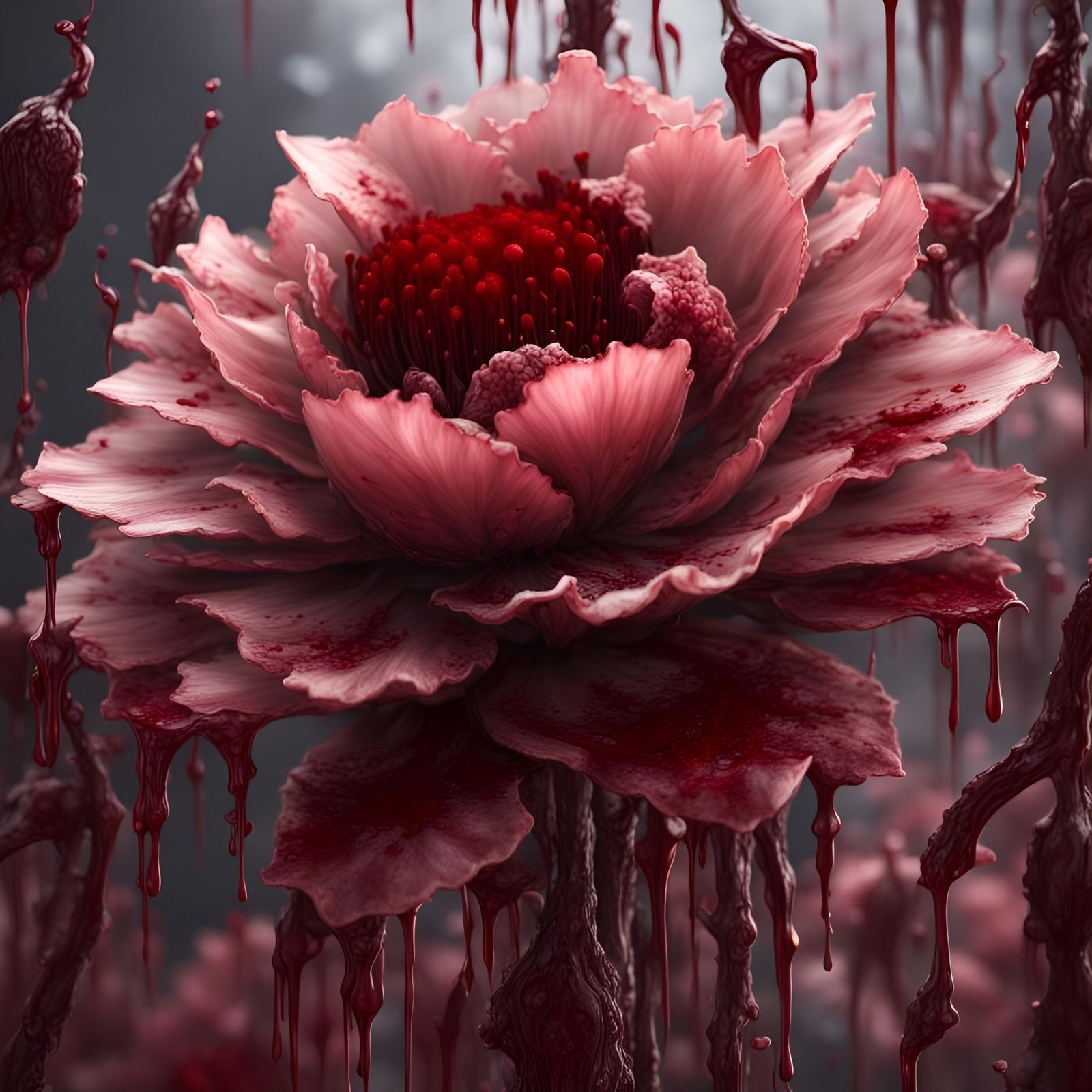 Pale Pink Flower Covered in Dripping Blood