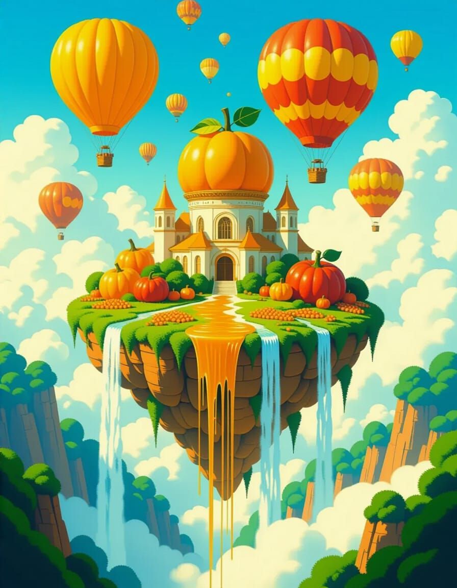 Surreal Harvest Festival on Floating Island with Fruit Hot A...