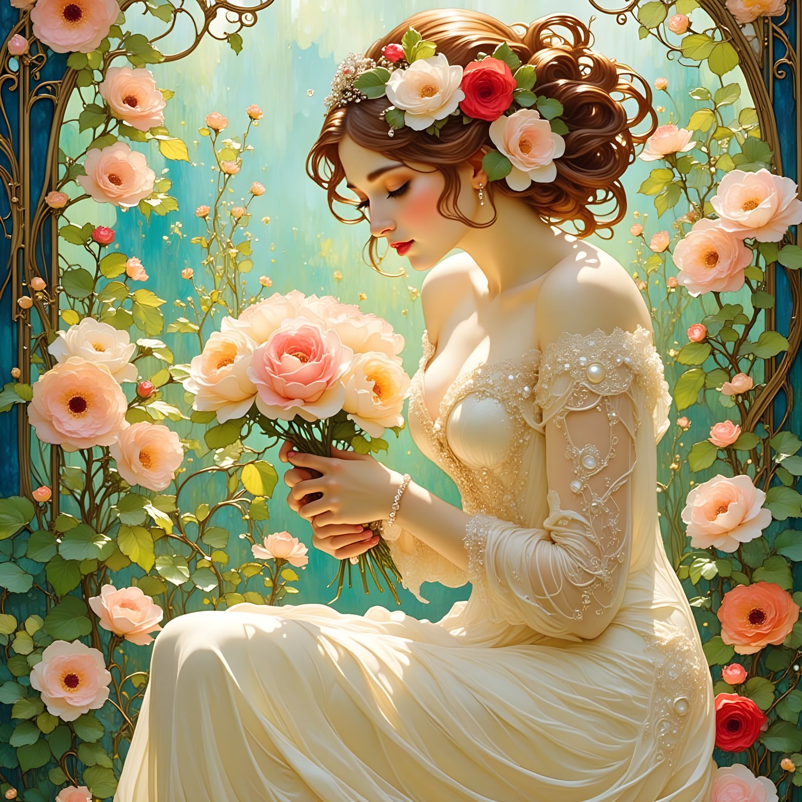 Victorian Woman in Lace Dress in Enchanting Garden