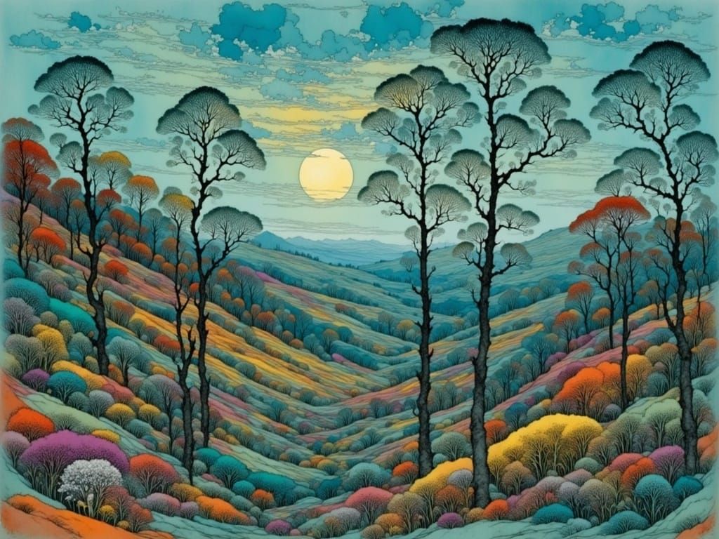 Ethereal Twilight Valley Landscape in Artistic Style