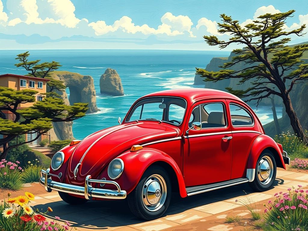 Vibrant Coastal Volkswagen in David Hockney-Inspired Style