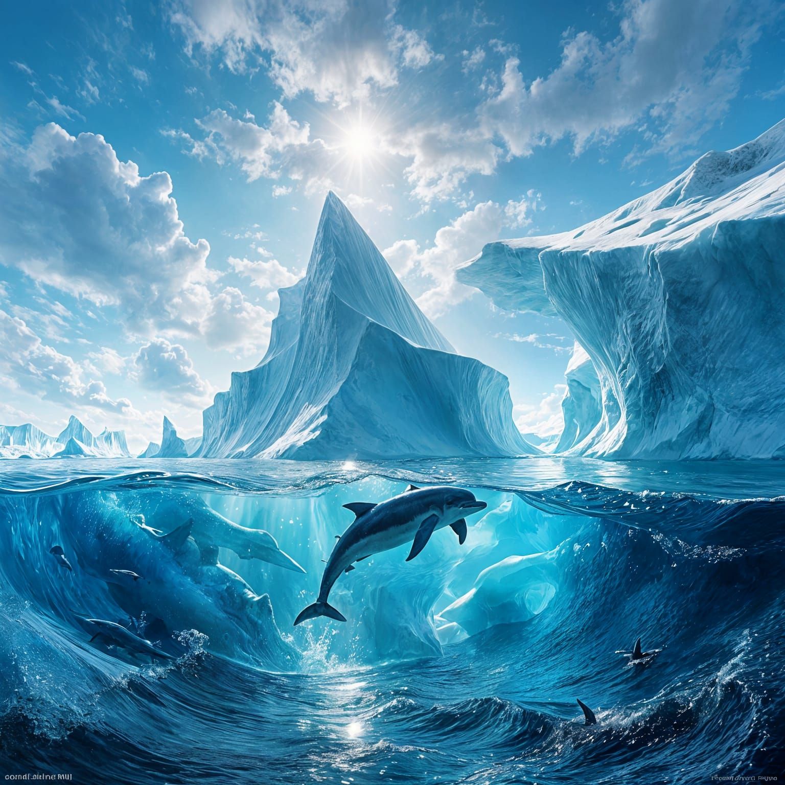 Blue Dolphin and Iceberg Under Intense Sunlight