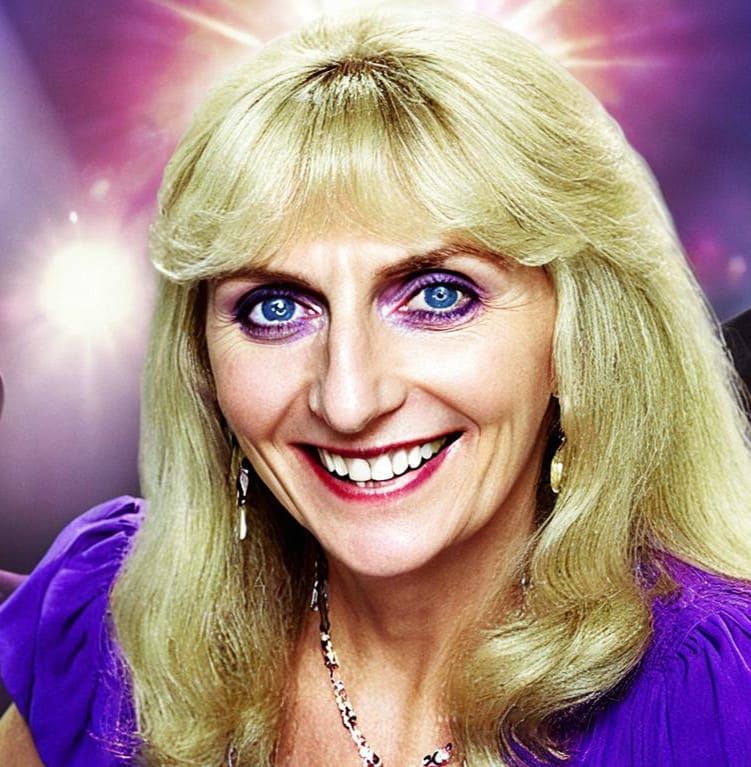 Blonde Woman in Purple Hat with Rock Band