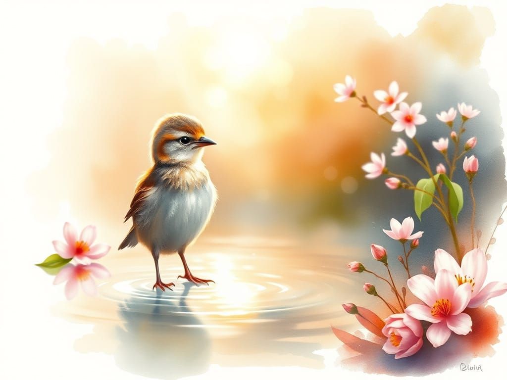 Pastel Bird at Pond's Edge in Watercolour Style