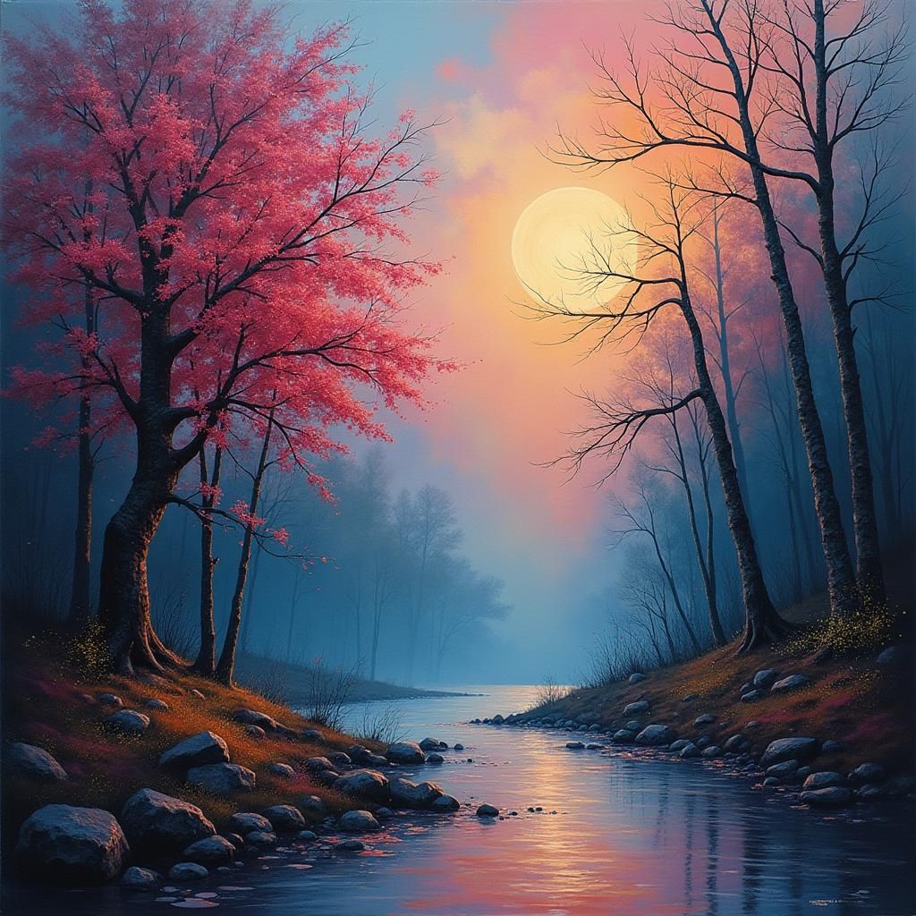 Ethereal Fantasy Landscape in Gouache and Cubism