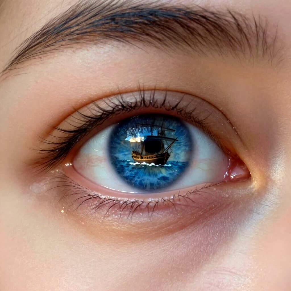 Woman's Blue Eye Reflects Ocean and Tall Ship