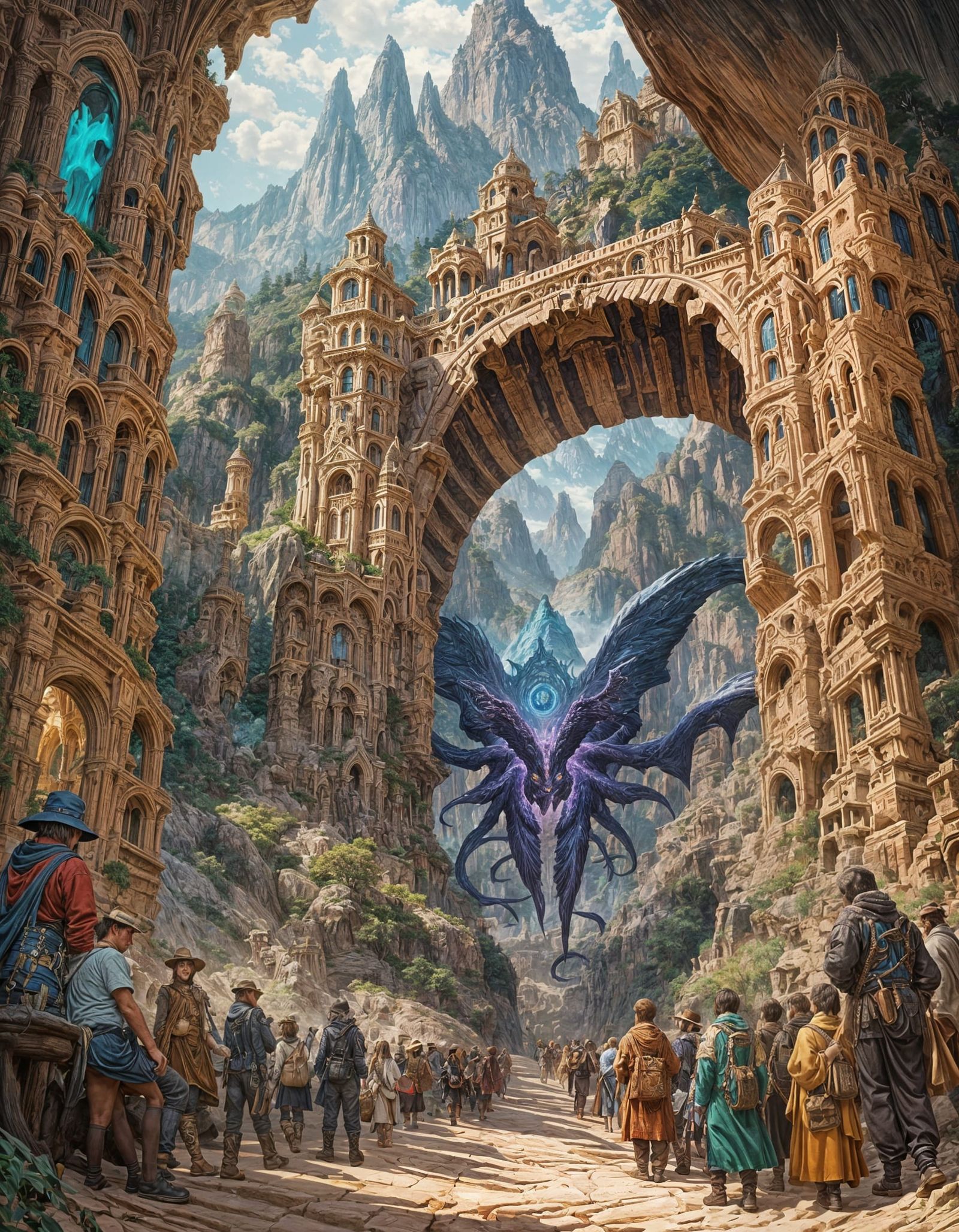Fantastical Cityscape Carved into Mountainside with Arcane S...
