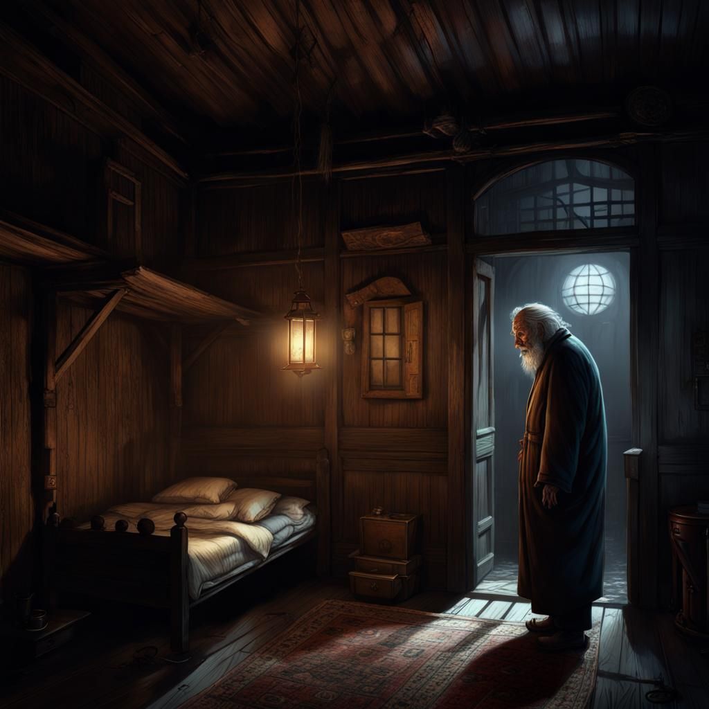 Dark Fantasy: Old Man in a Wooden Home