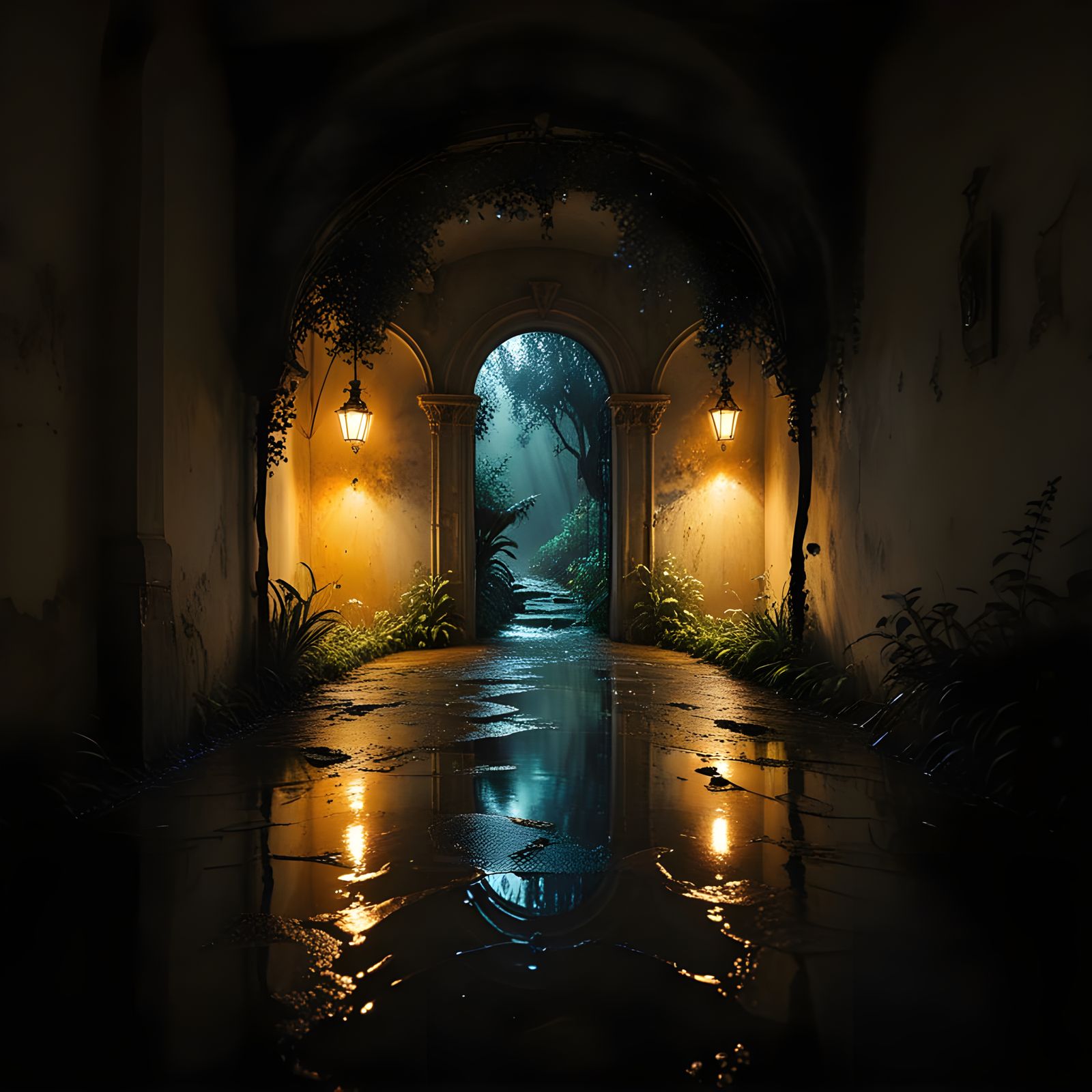 Golden Spheres in Misty Landscape: Watercolor and Ink