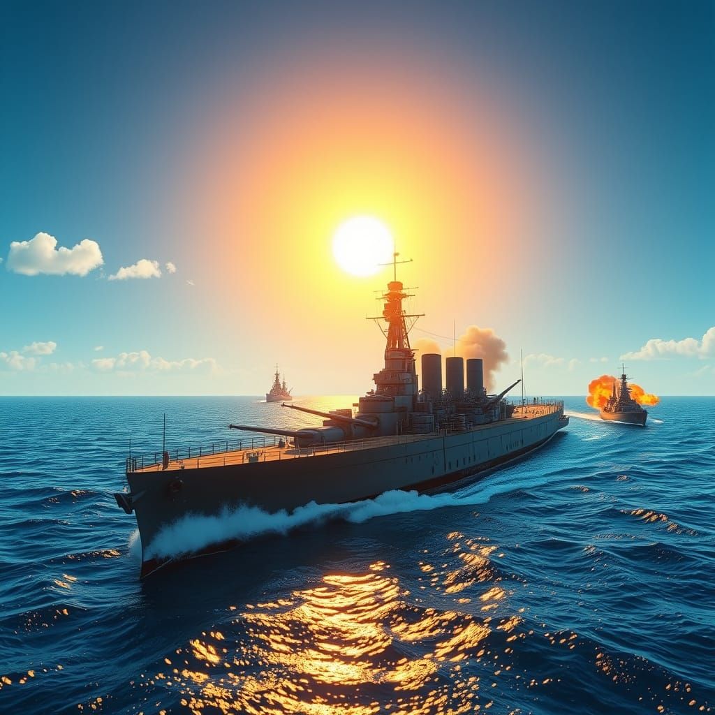 Warship Bismarck in Epic 3D Perspective with Intense Sunligh...