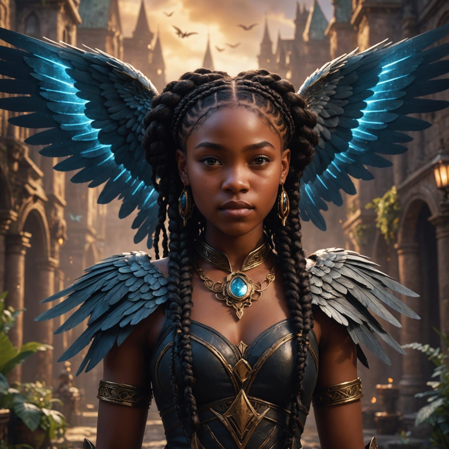 Magical Black Girl with Braids and Wings