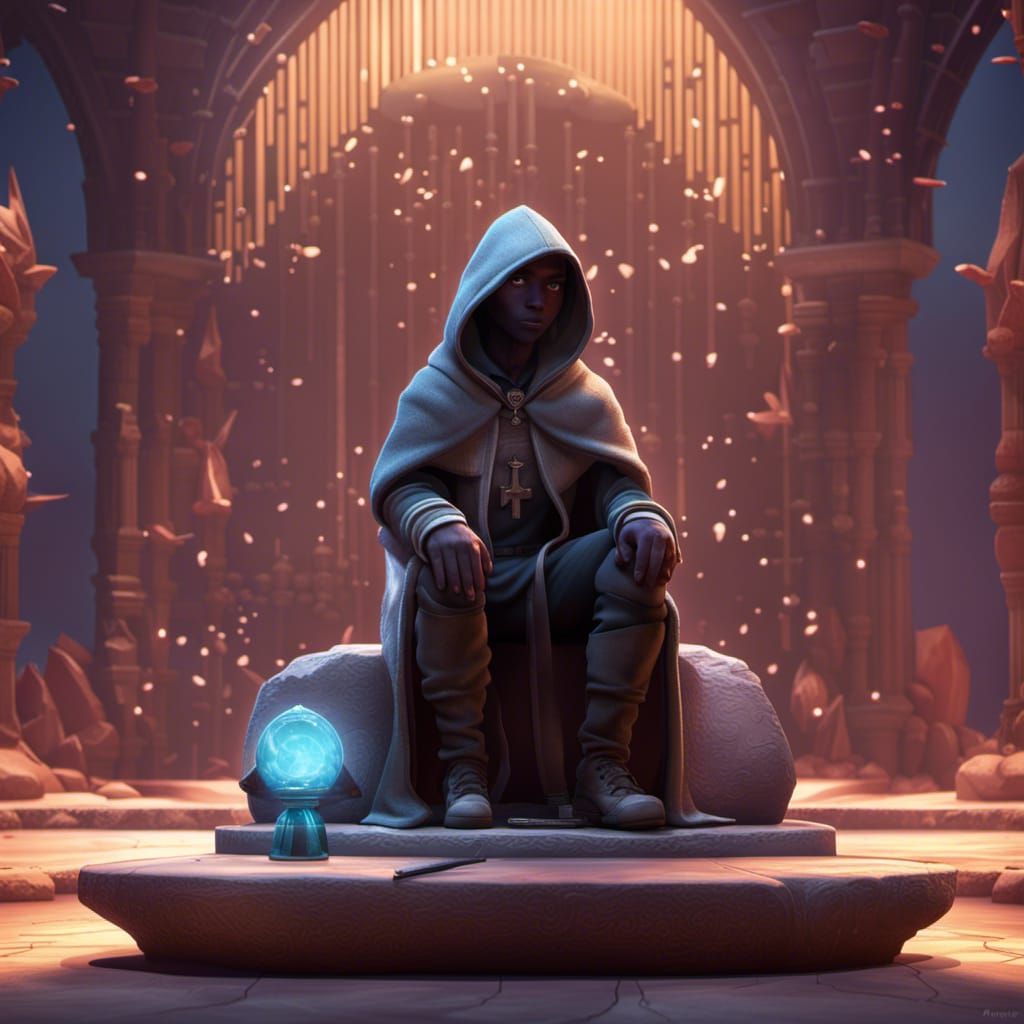 Young Magician on Stone Throne in Pixar Style