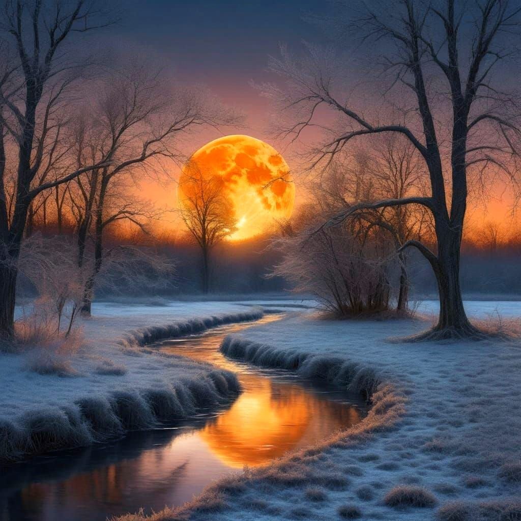 Orange Harvest Moon on a Winter Night