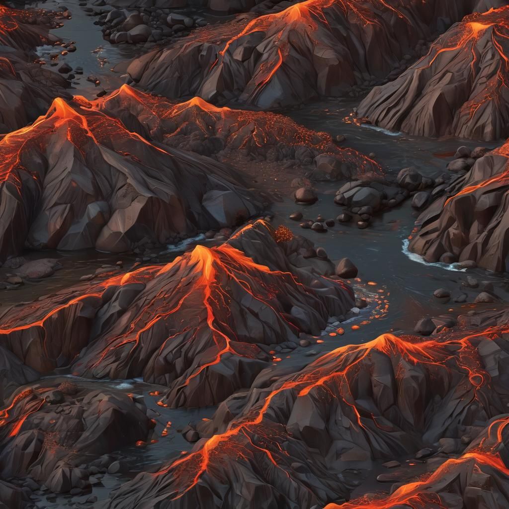 Volcanic River at Sunset in Low-Poly Style