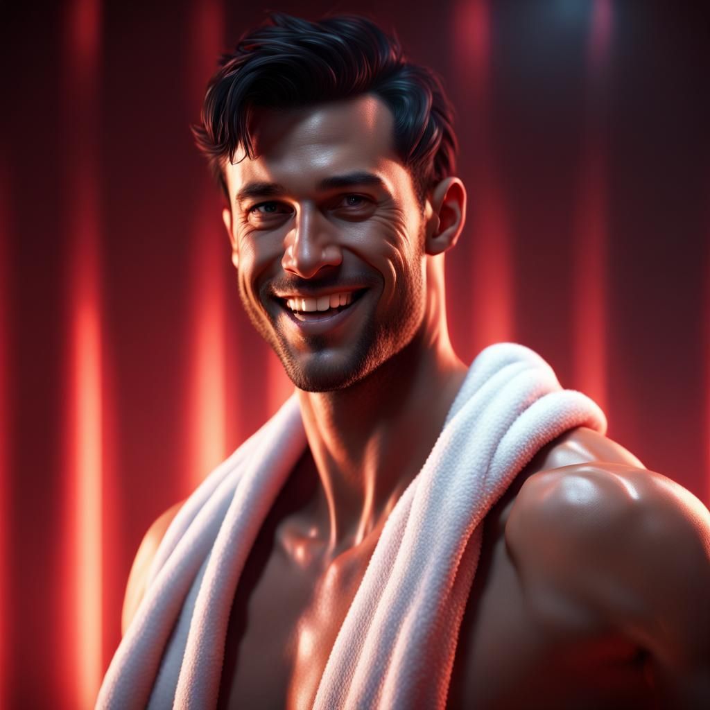 Hyperrealistic Man with Towel in Dark Red Room