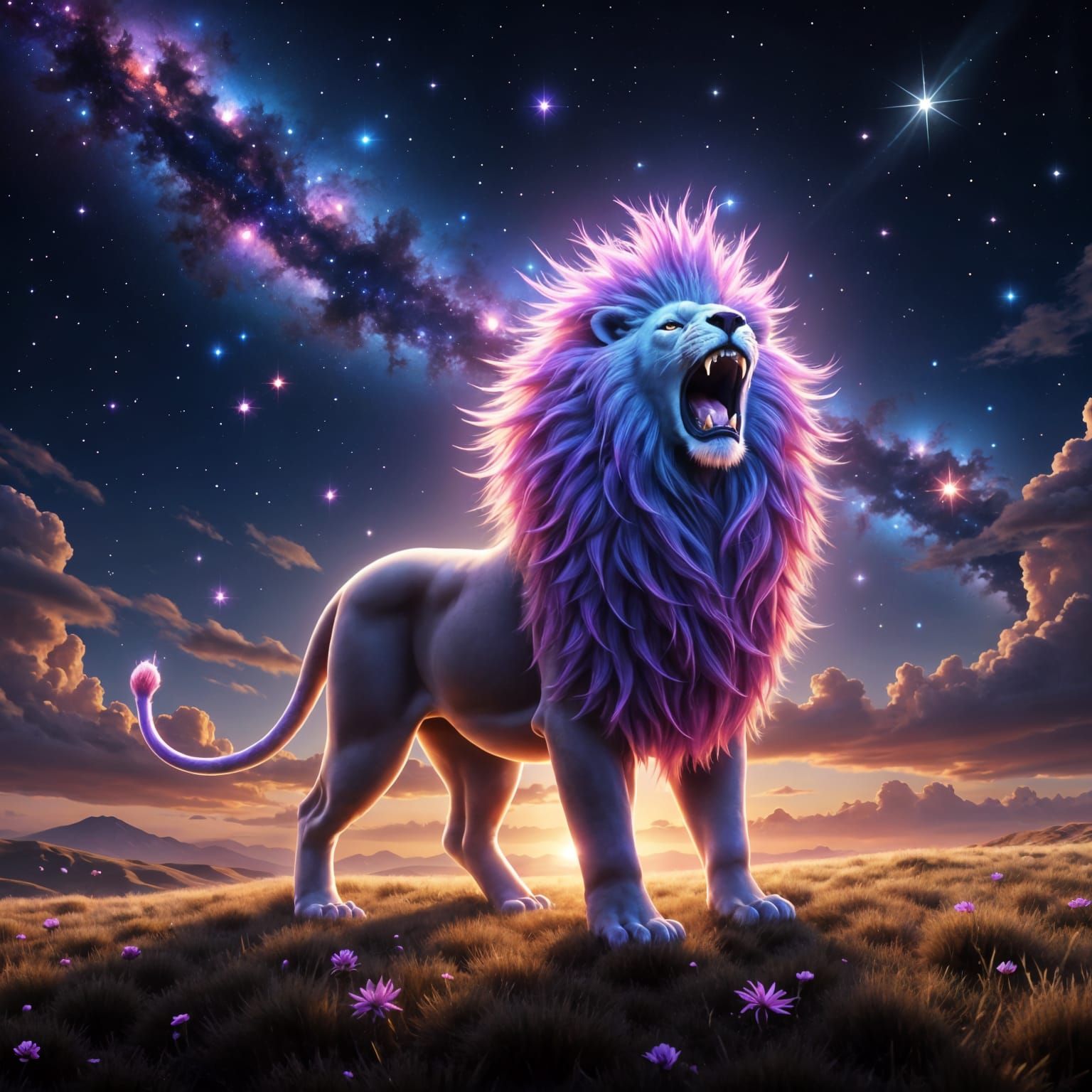 Cosmic Lion in a Starry Savanna, Digital Painting