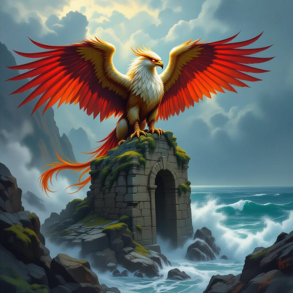 Majestic Griffin on Ruin Overlooking Stormy Sea