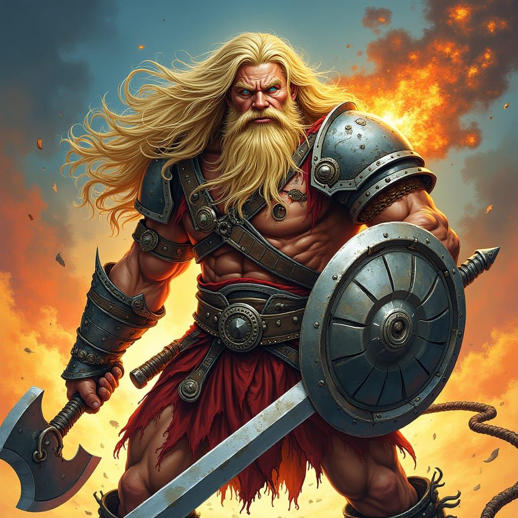 Barbarian Warrior with Magical Weapons, Comic Book Art