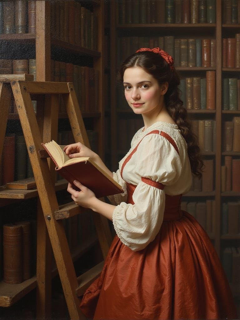 Elegant Victorian Lady in Library, Shy Smile, Oil Painting