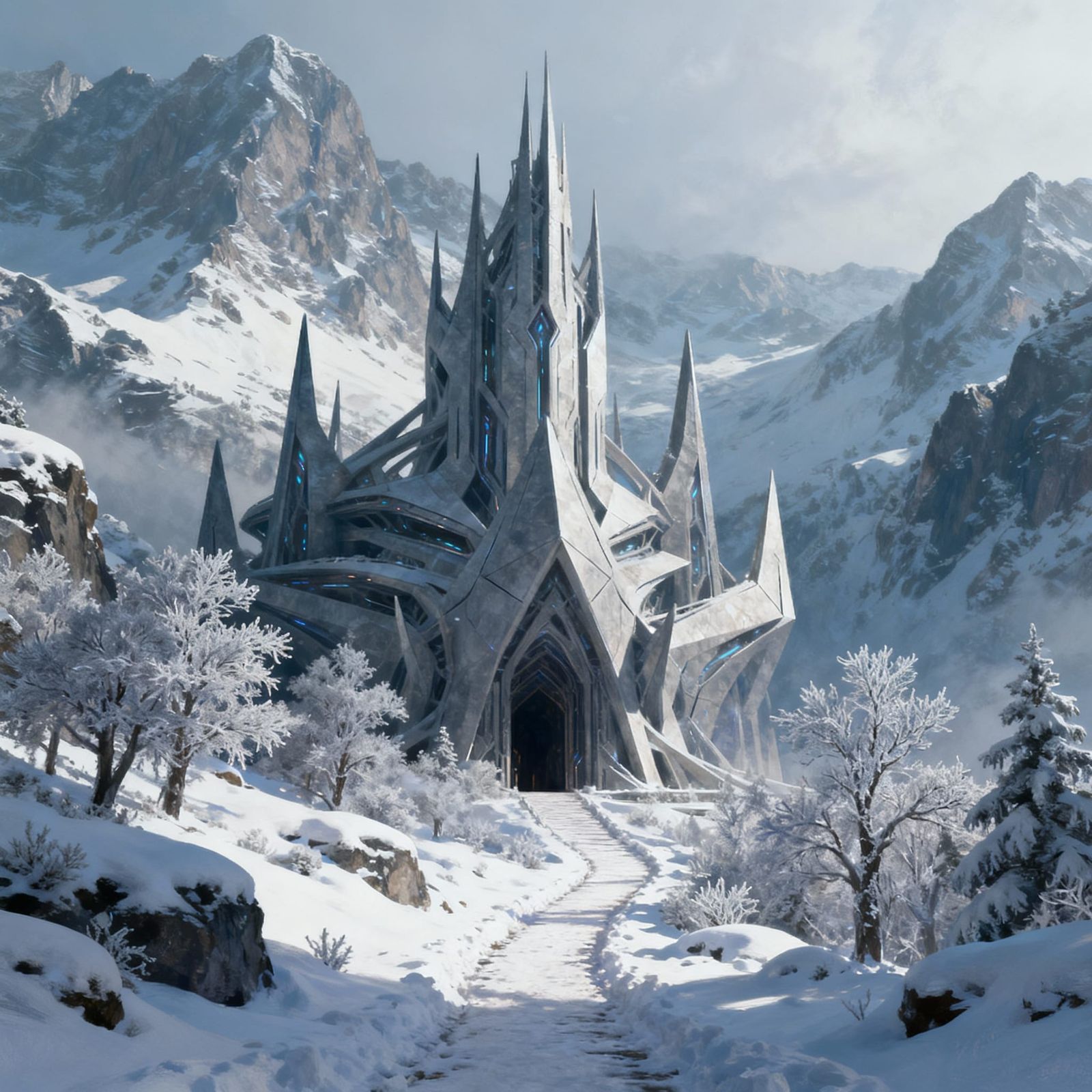 Futuristic Alien Structure in Snowy Mountain Landscape