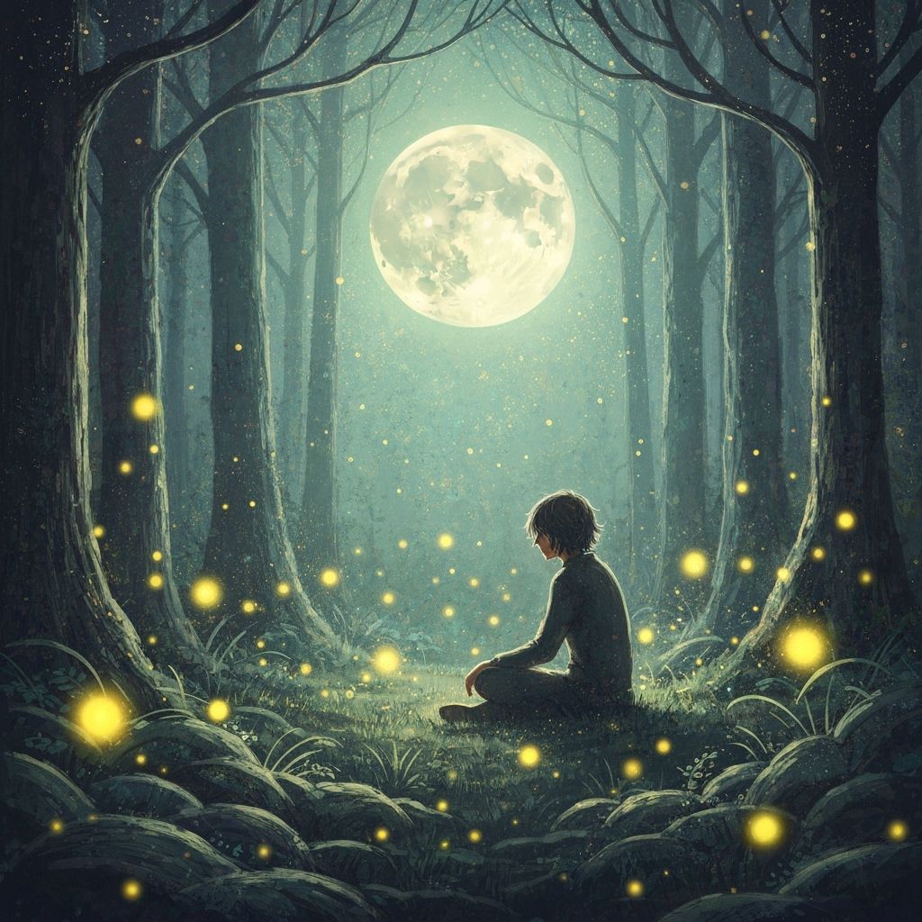 Mystical Moonlit Forest Scene with Fireflies
