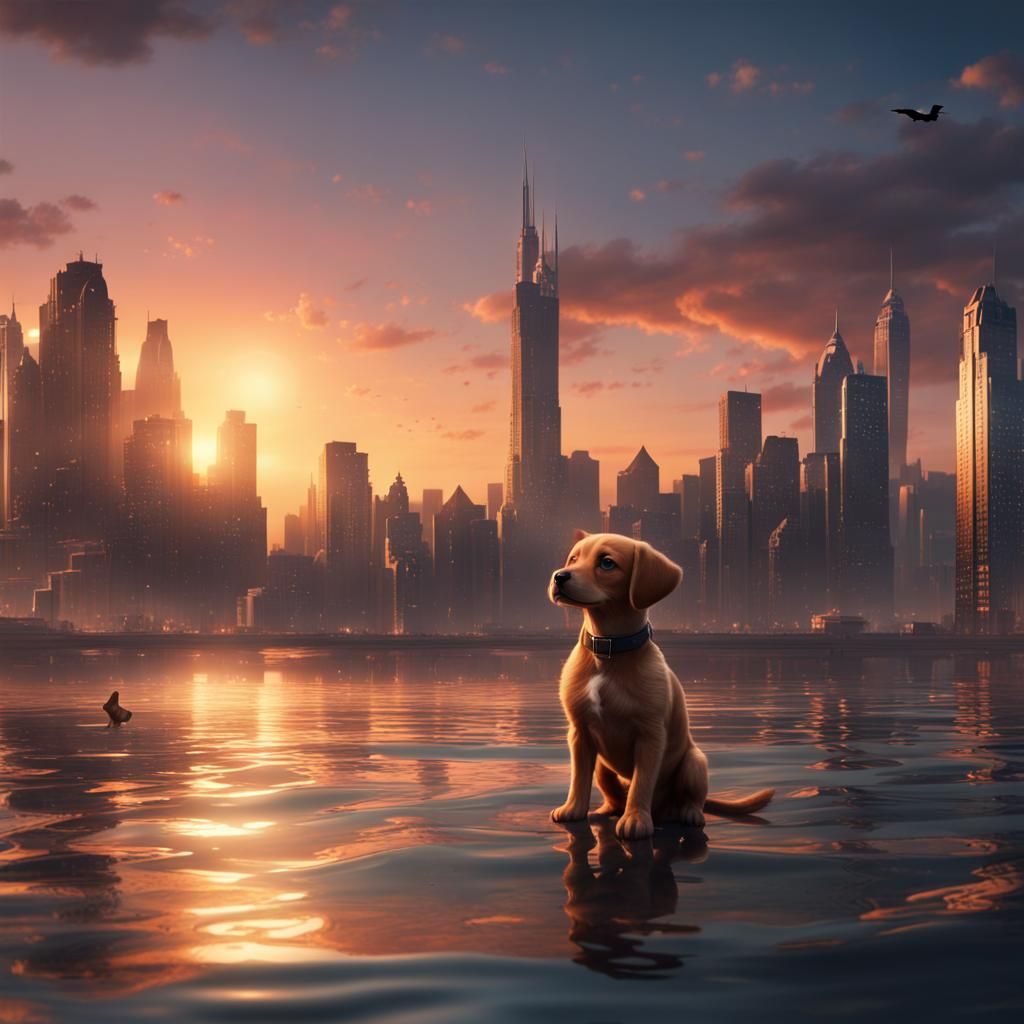 Sunset Cityscape with Flying Puppy: Fantasy Concept Art
