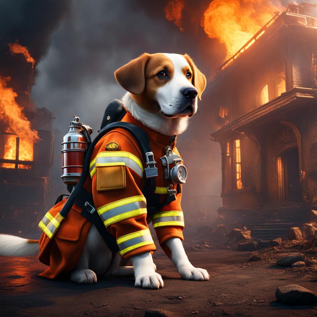 Dog as Firefighter in Europe: Detailed Matte Painting