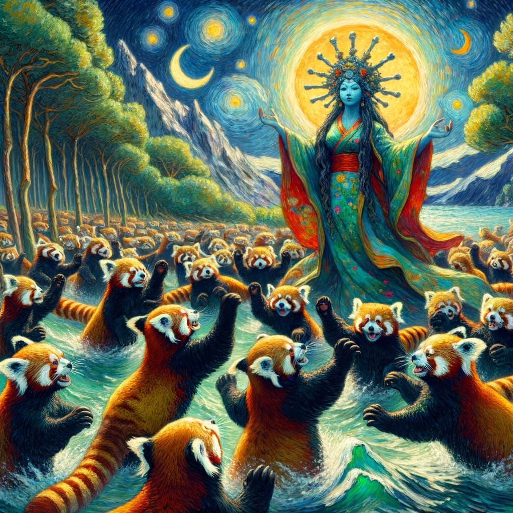 Red Pandas Dance with Forest Goddess in Ocean, Van Gogh Styl...