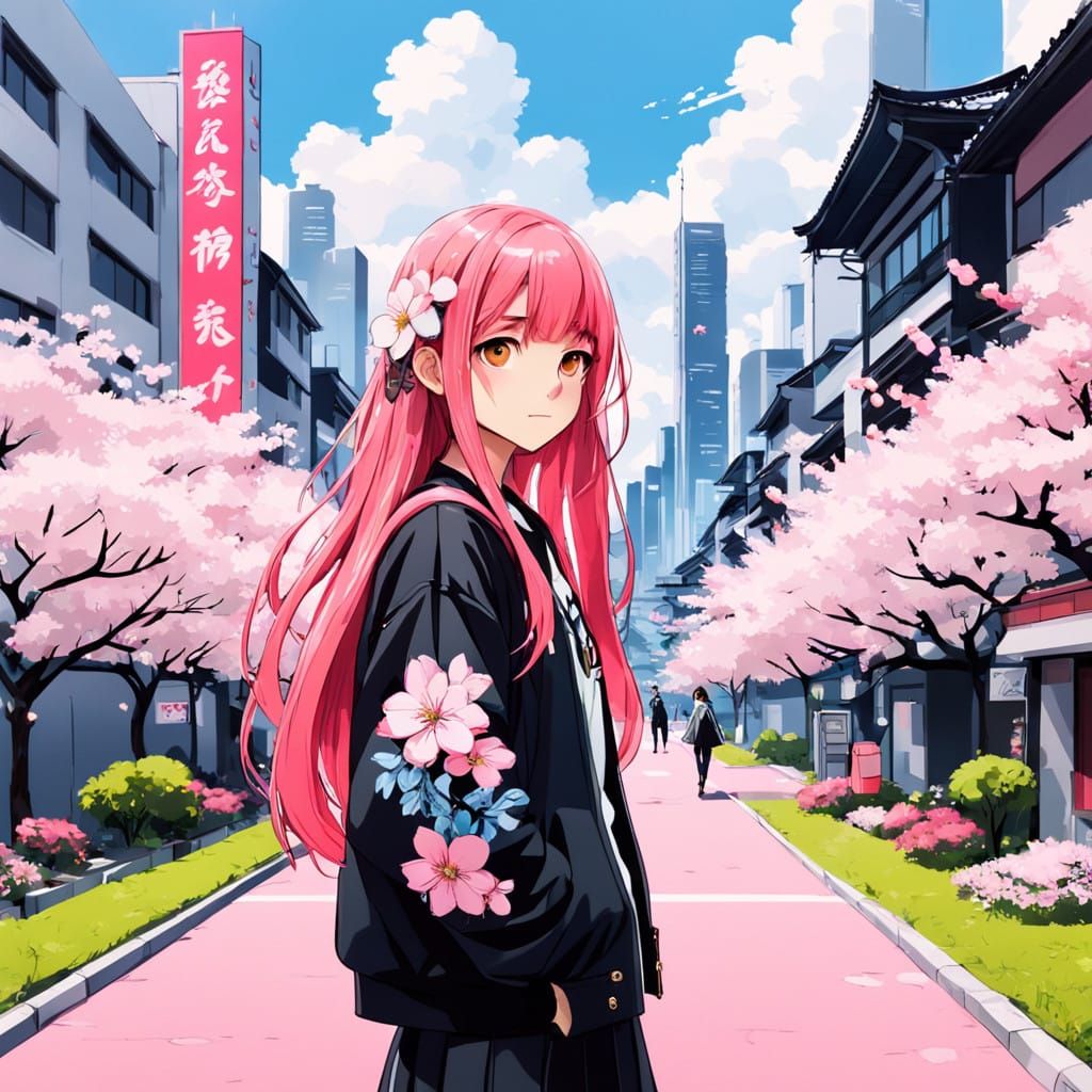 A Young Woman Surrounded by Sakura Blooms in a Neo Tokyo Cit...