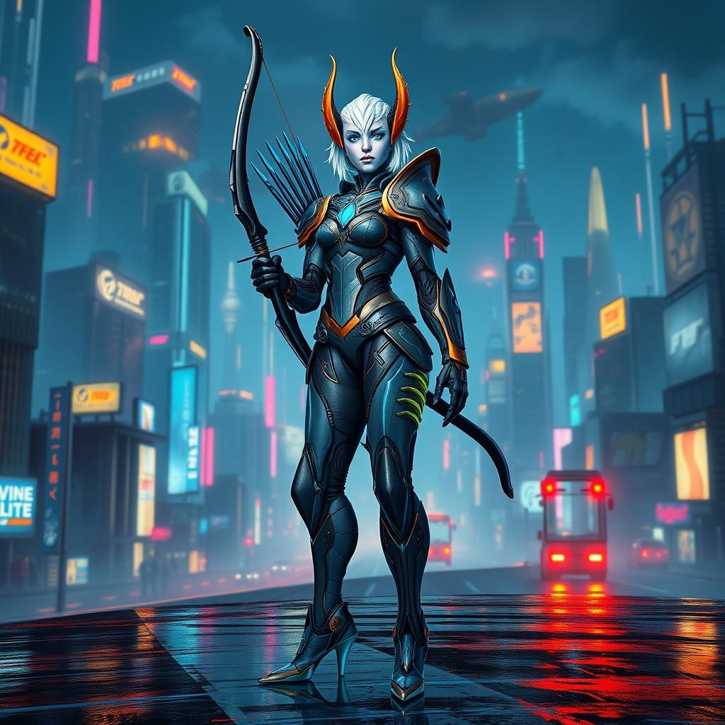 Cyberpunk Vereesa Windrunner in Dystopian Cityscape