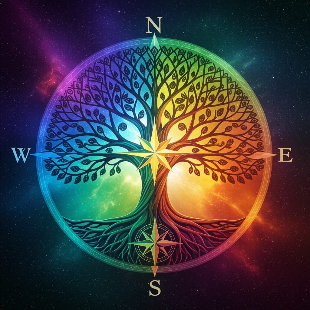 Cosmic Tree of Life with Hourglass and Compass