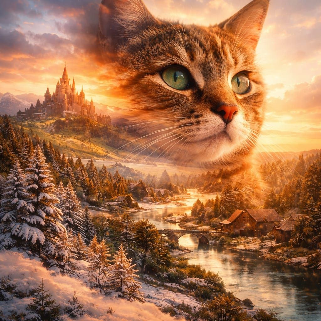 Double Exposure Cat Over Snowy Mountain Landscape