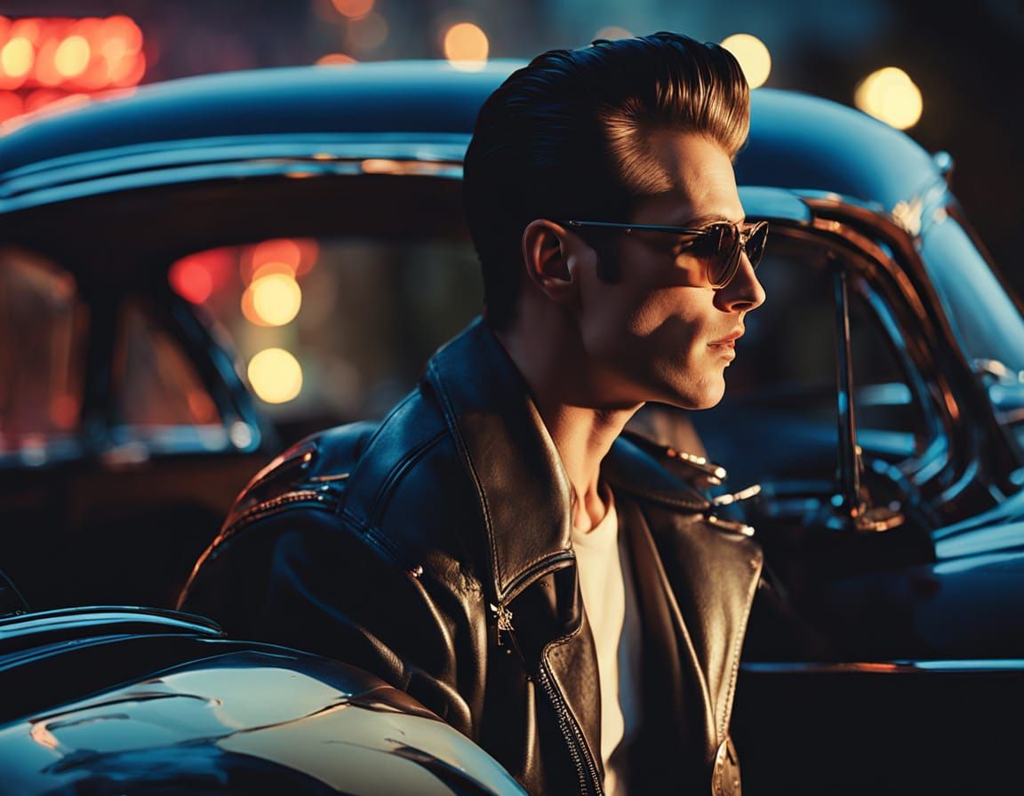 Greaser in 1950s Style Leaning on Vintage Car