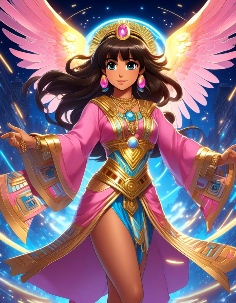 Anime Hispanic Goddess Dora, flowing dark brown hair, blue eyes, iridescent yellow angel wings, pink and orange with gol...