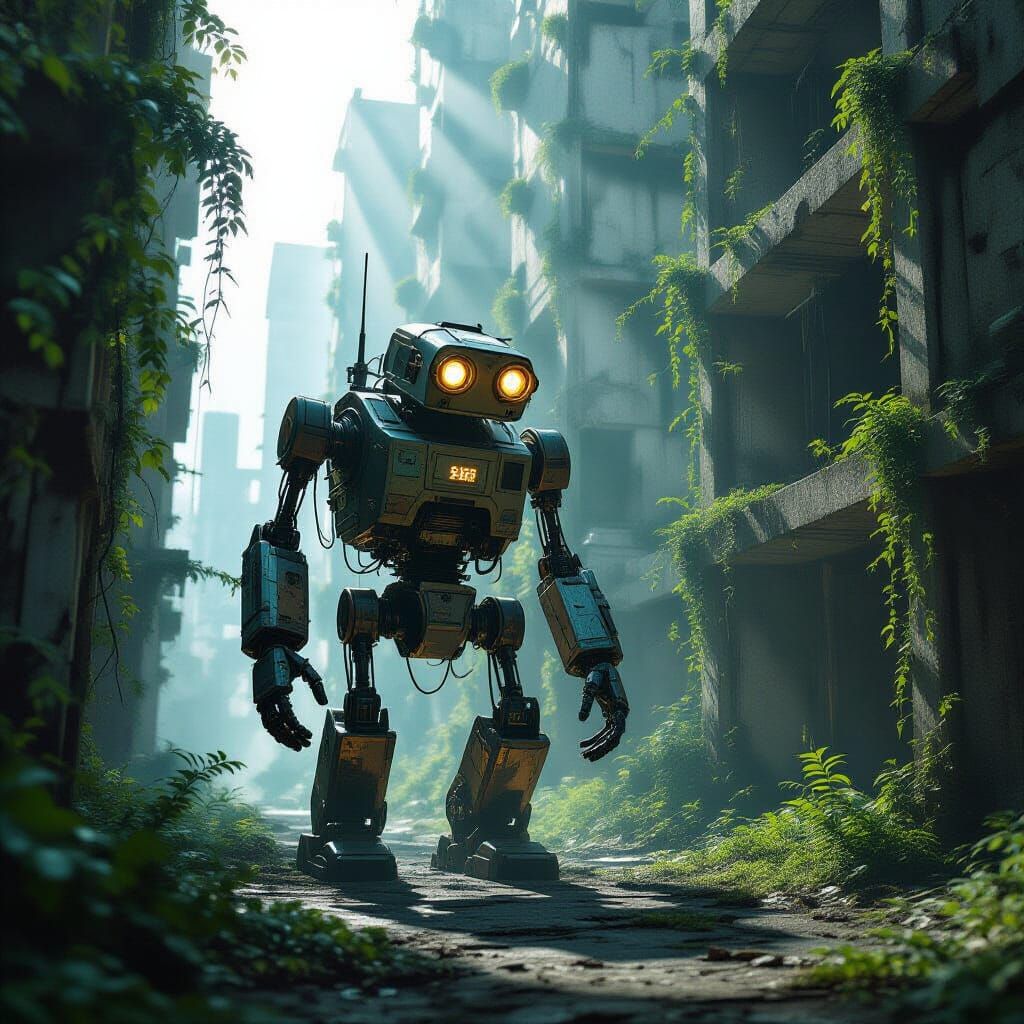 Automaton in Overgrown Cityscape