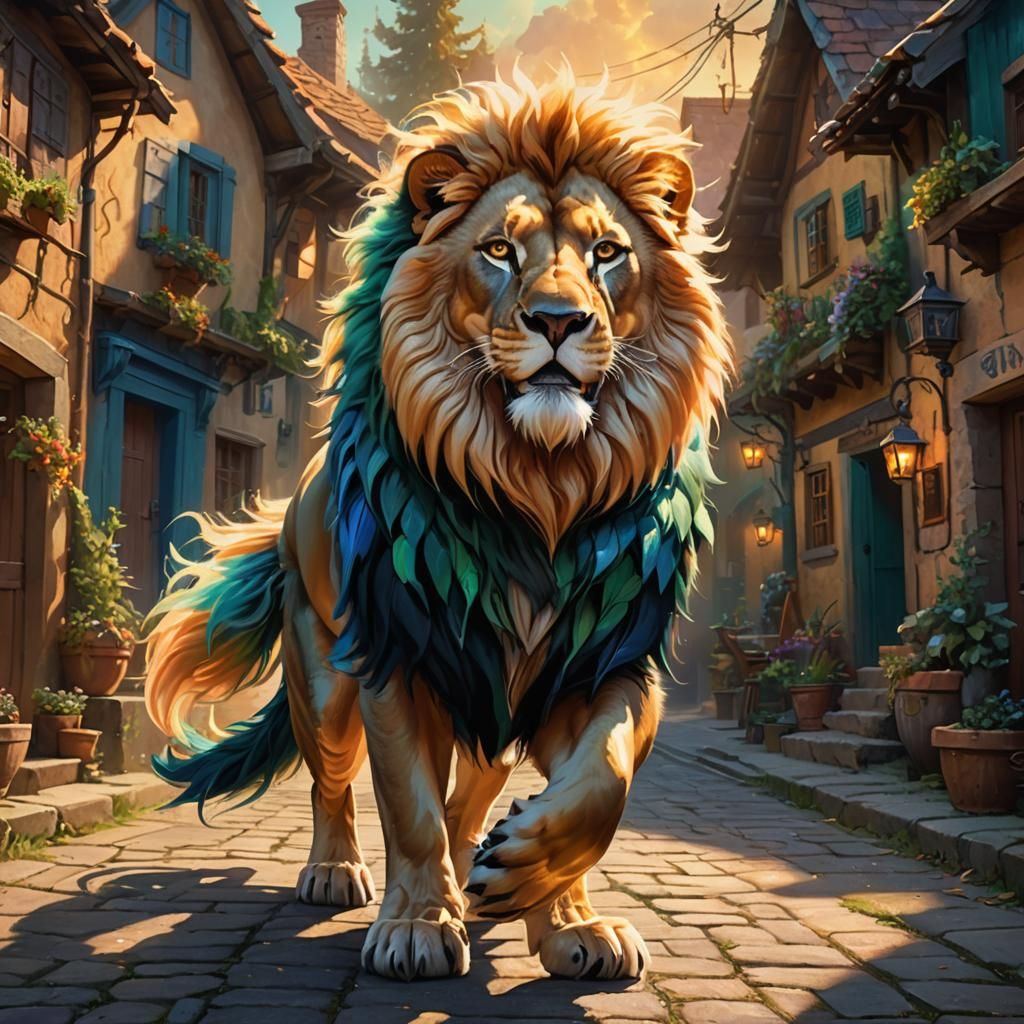 Half-Dog, Half-Lion Creature in Vibrant Oil Painting