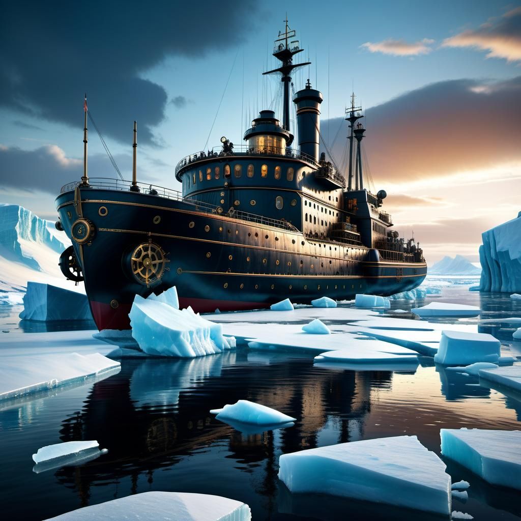 Steampunk Icebreaker in Arctic Landscape: Detailed Fantasy A...