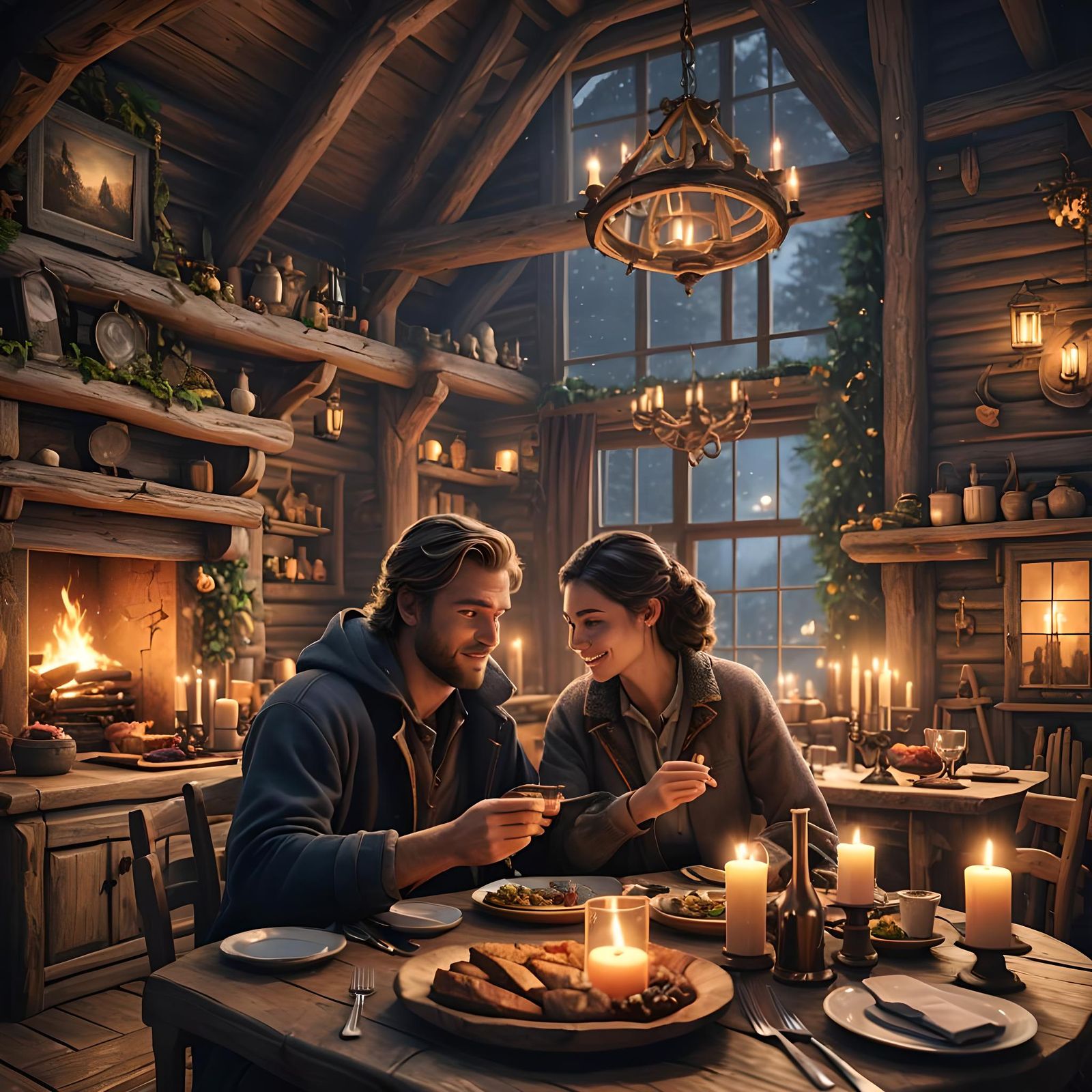 Young couple at a rural candle-lit dinner in a cozy log cabin