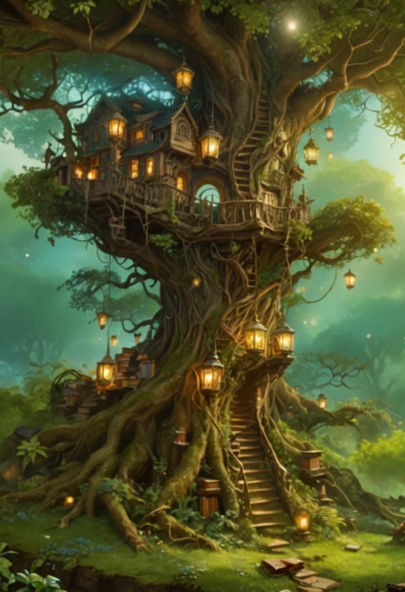 Enchanted Tree Library with Glowing Lanterns