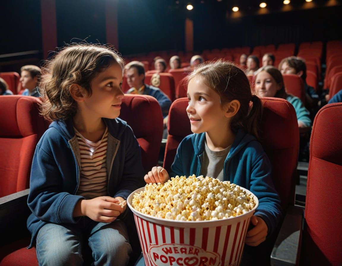 Children Share Popcorn in Movie Theater