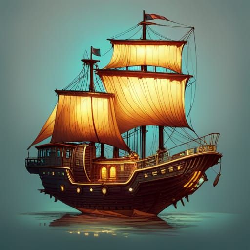 Bioluminescent Pirate Ship with Luminous Colors