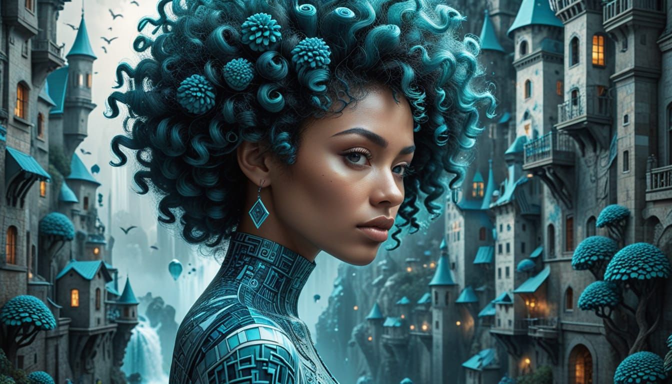 Surrealistic Watercolor Portrait of a Bright Teal Afro Woman...