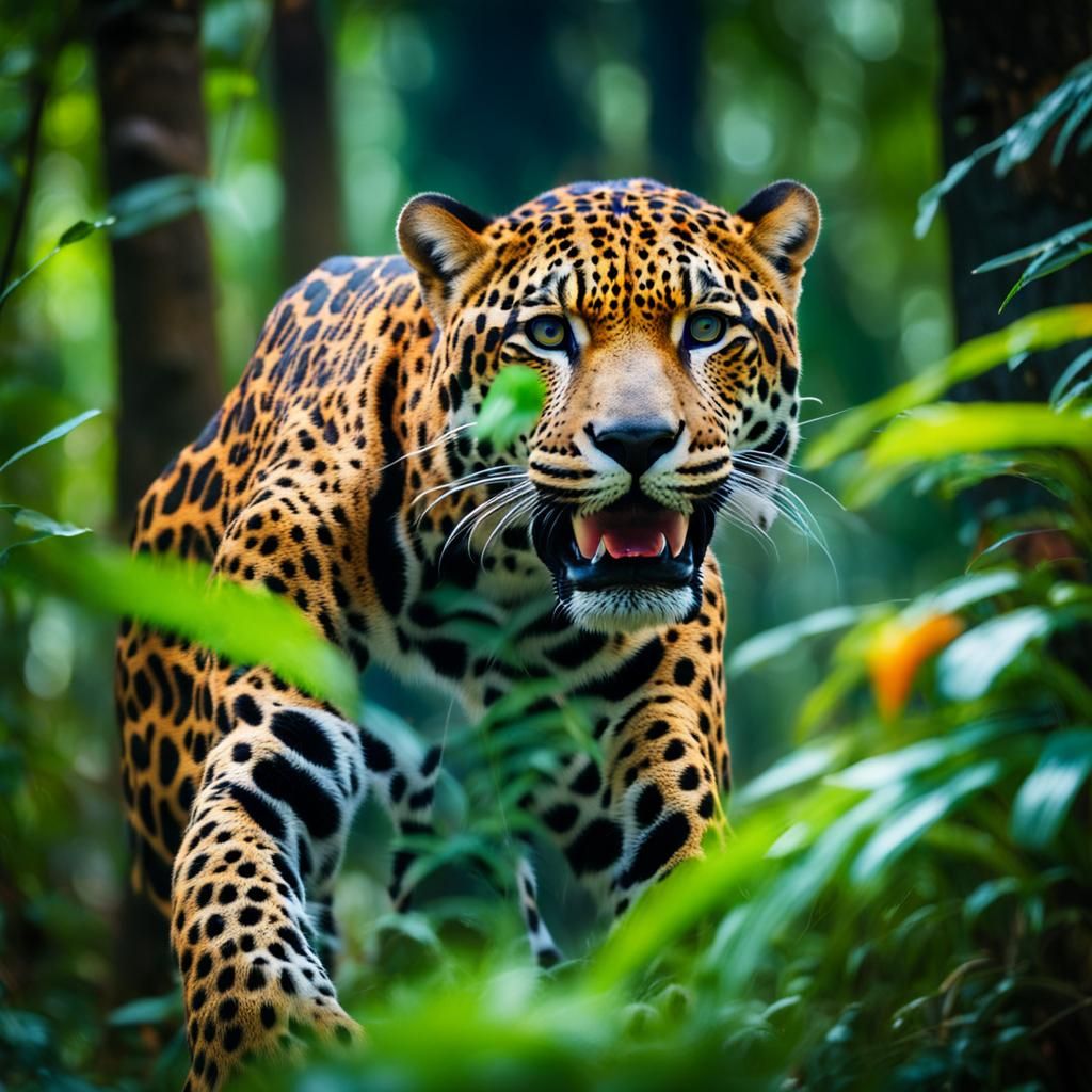 Jaguar Hunting in Tropical Forest: Vivid Photography