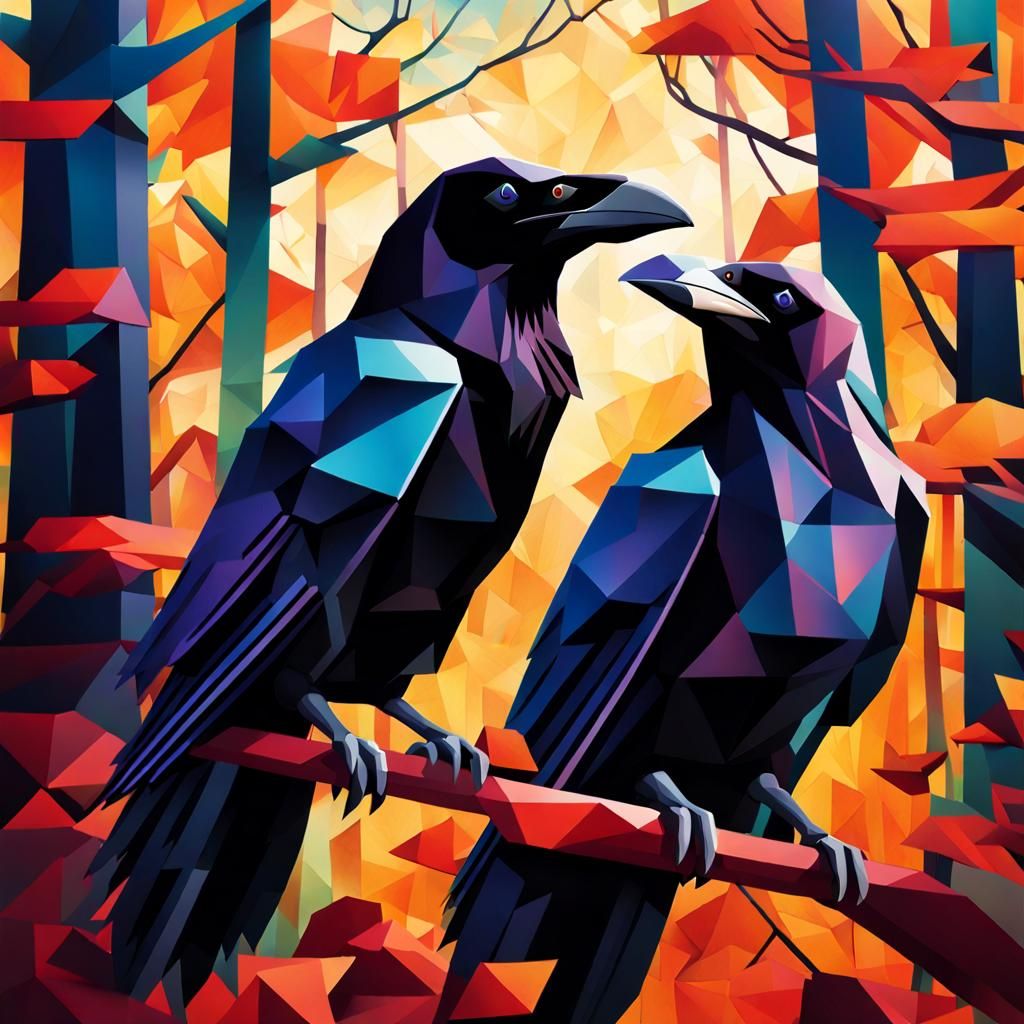 Ravens Enjoying Wine in Woods: Cubist Photorealistic Art